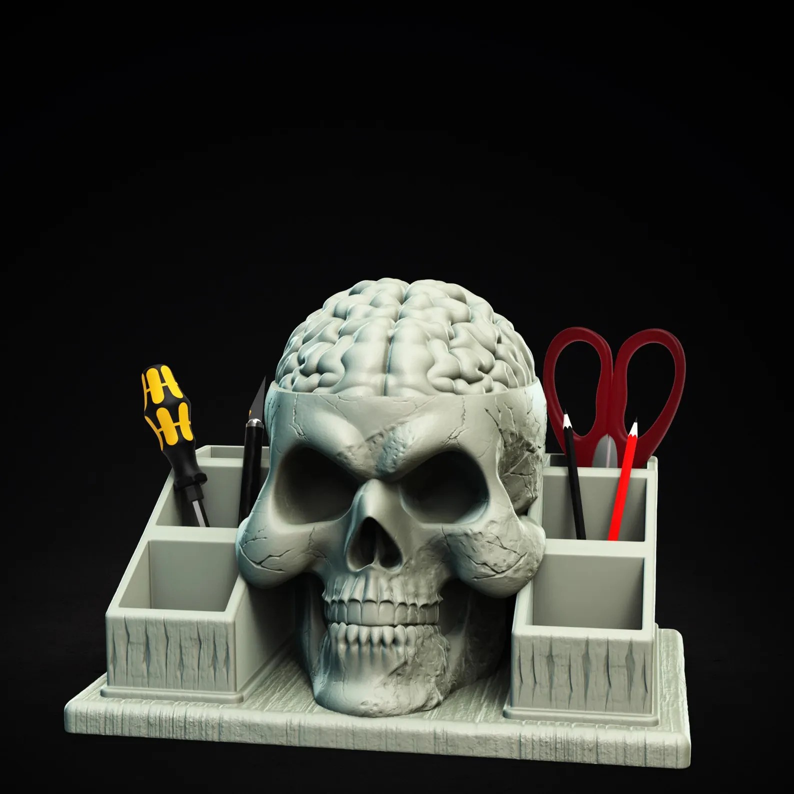 Professor Brain Skull Desk Organizer / Desk Organizer / Skull Desk Organizer 3D Printer STL File Format
